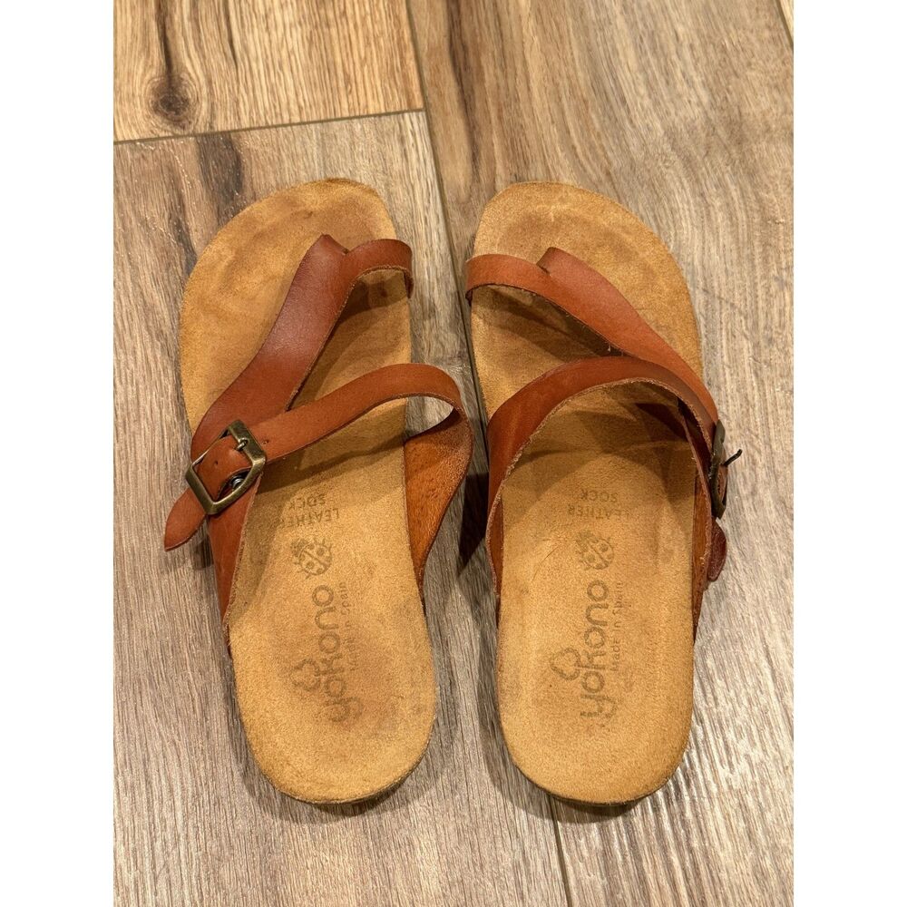 Yokono Womens Leather Toe Loop Flat Sandals Cognac Brown Made in Spain Size 9